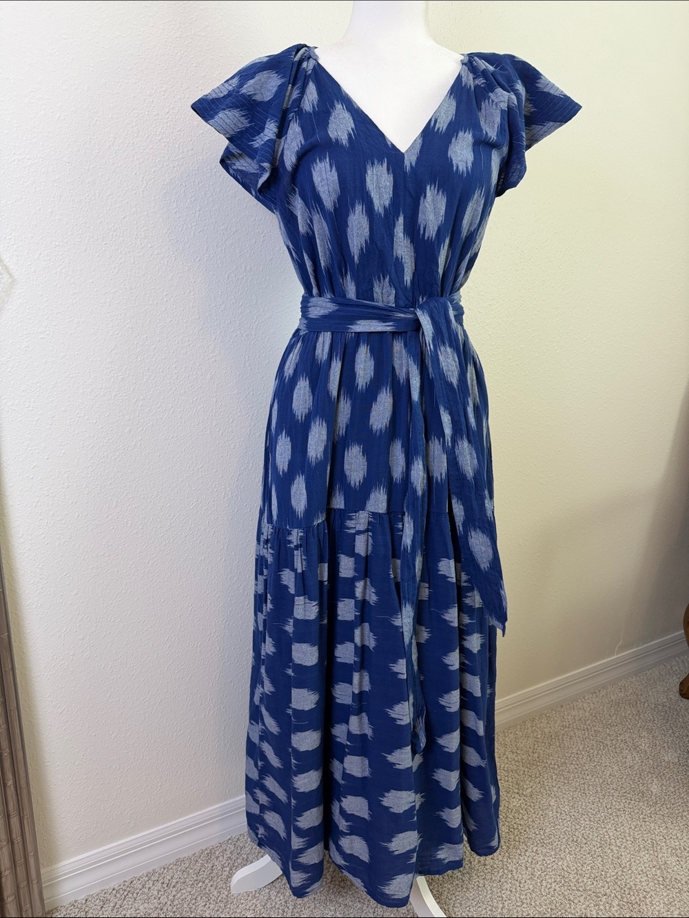 The Kenley Blue Ikat Maxi Dress with Tie Waist from Evereve